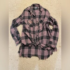 One24 Pink and Black Plaid Distressed Shirt